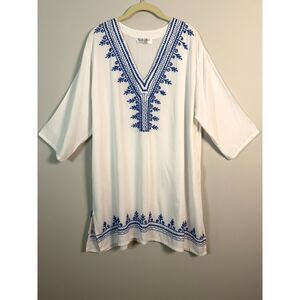 Back From Bali White Rayon Embroidered Tunic Cover Up Oversized L XL 1X